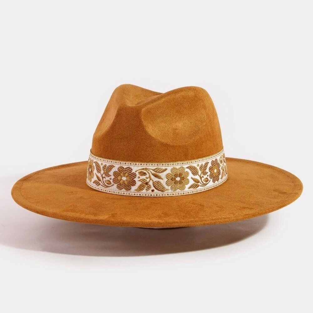 Embroidered Flower Band Felt Fedora Hat